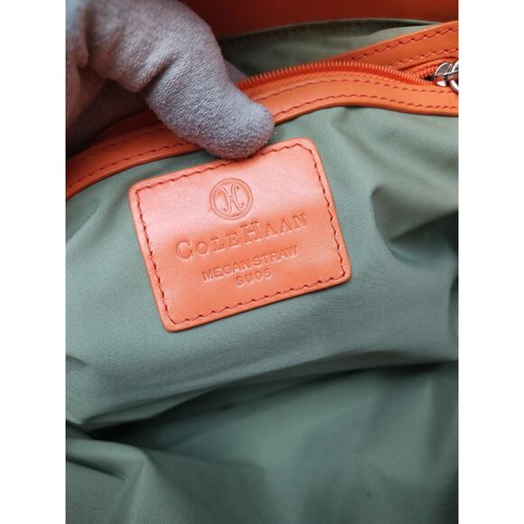 Cole Haan Tan Straw Orange Leather Trim Pocket Double Handle Satchel Bag - Picture 15 of 16